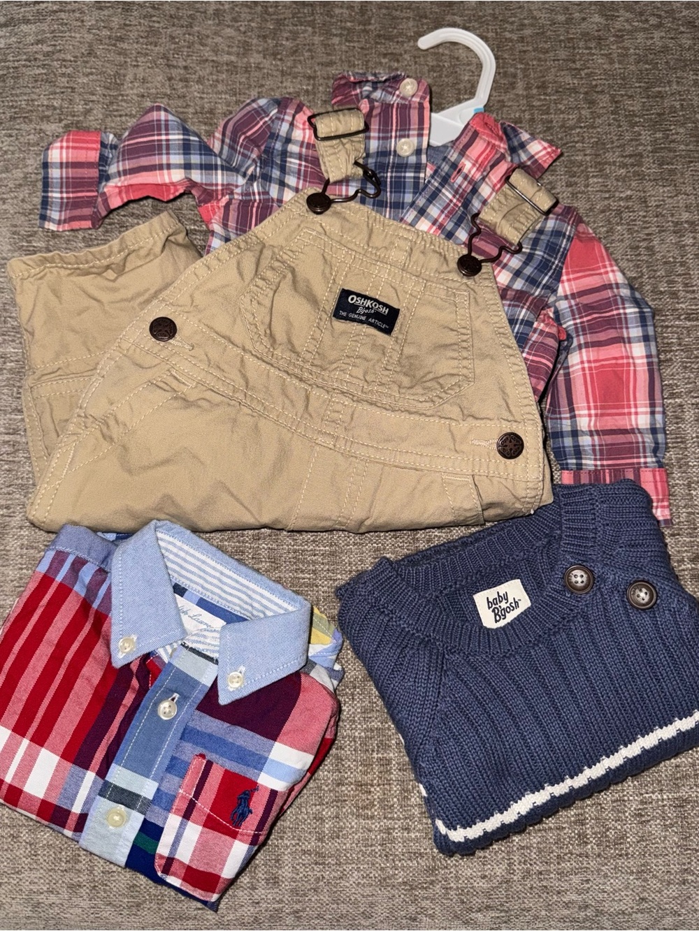 OshKosh B'gosh Tan Overalls, knit sweater and Ralph Lauren baby boy bundle